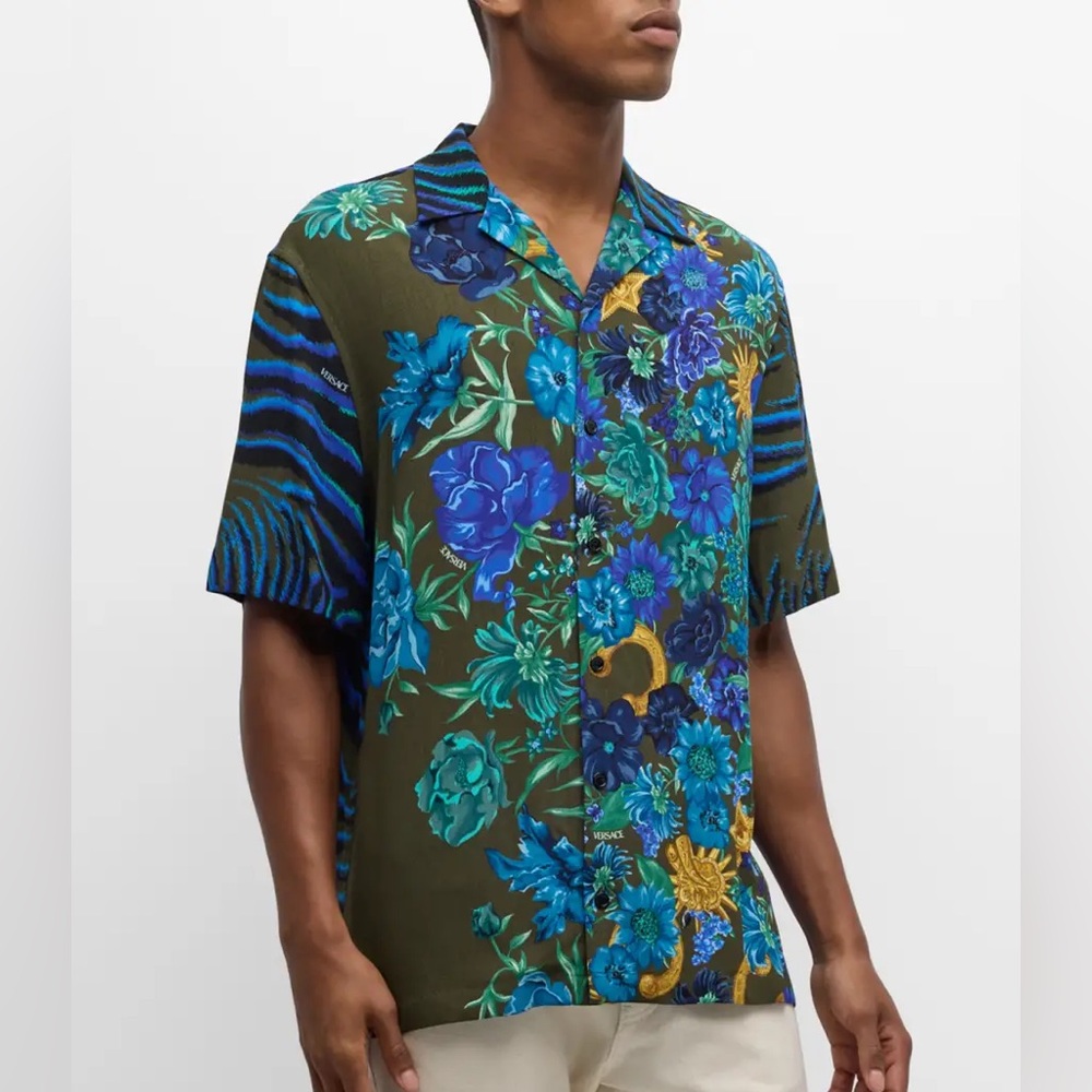 Versace Men's wild flower tiger-print camp Shirt